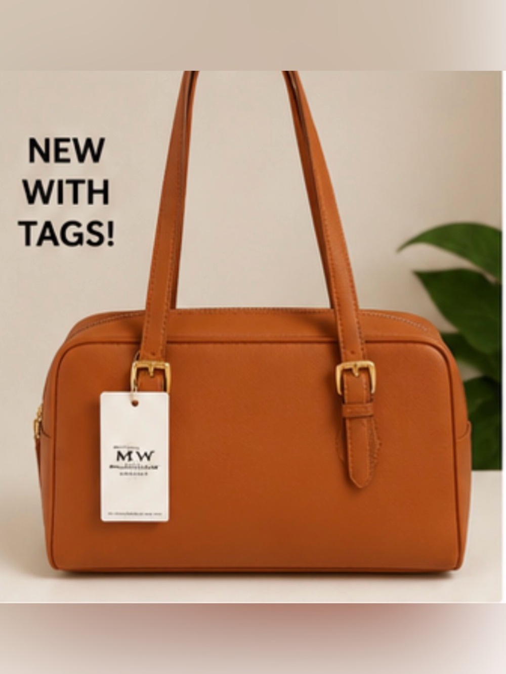 Madison West Cognac Leather Shoulder Tote with Double Straps